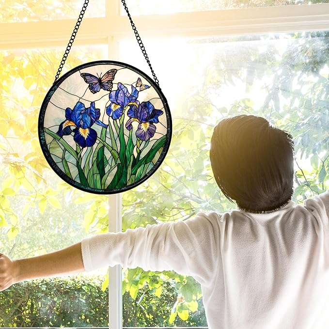 DASTOLL Stained Glass Window Hanging, Blue Purple Butterfly Flower Suncatcher Diamond Colorful Glass Panel Sun Catchers Decor for Birthday for Women, Men, Wife, Aunt, and Mom 15x15 in