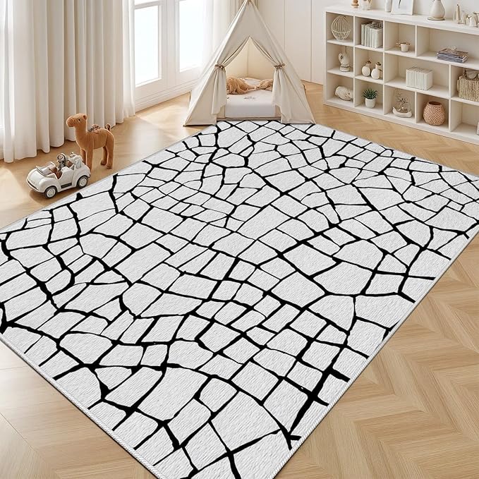 Black and White Area Rug, Abstract Rug, Contemporary Minimalist Rugs, Geometric Cracks Area Rugs, Modern Geometric Carpet for Living Room, Washable Non Slip Home Decor Mat 3x5