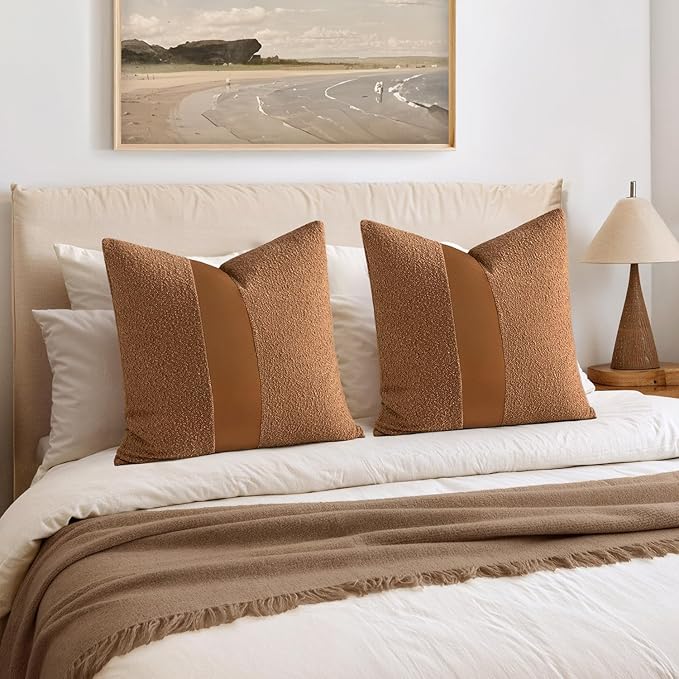 MIULEE Boucle Throw Pillow Covers 26x26 Inch Set of 2 Brown Faux Leather Textured Decorative Pillow Cases Boho Farmhouse Accents Cushion Covers for Couch Bed Livingroom Home Decor