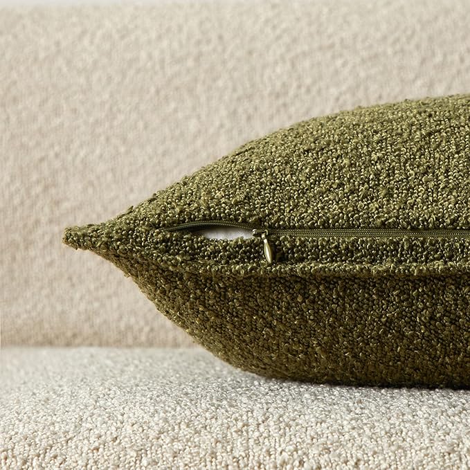 JUSPURBET 14x24 Pillow Covers Set of 2 Decorative Throw Pillow Covers Case for Couch Sofa Bed Soft Boucle Textured Lumbar Cushion Covers with Hidden Zipper for Home Decor Living Room,Olive Green