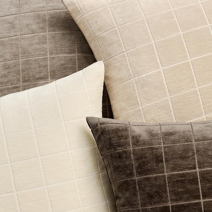 MIULEE Decorative Chenille Check Throw Pillow Covers Vintage Plaid Couch Pillows 18x18 Inch Set of 2 Neutral Boho Farmhouse Cushion Covers Modern Home Decor for Sofa Bed Living Room Brown