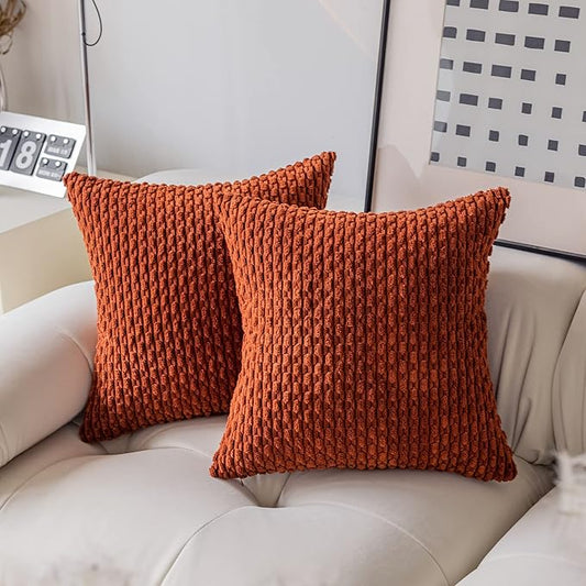 Kevin Textile Fall Set of 2 Striped Textured Velvet Corduroy Decorative Europe Sham Seasonal Autumn Throw Pillow Cushion Cover for Couch (60x60 cm 24 Inch) Burnt Brick