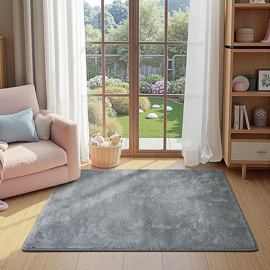 jinchan Solid Plush Area Rug 3x5 Performance Shaggy Washable Rug Indoor Soft Modern Faux Wool Cozy Non Slip Carpet for Living Room Kids Room Bedroom Dining Room Nursery Grey