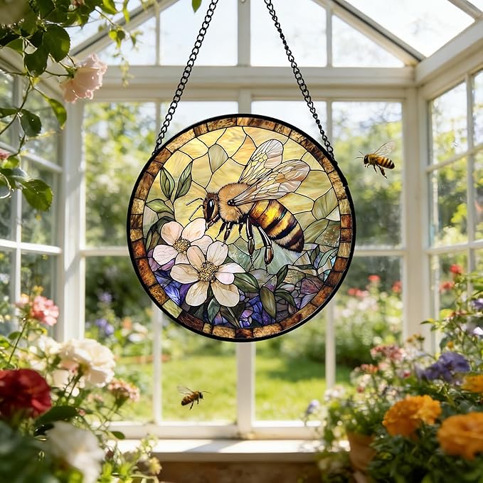 Stained Glass Window Hanging, Vintage Bee Yellow Flower Sun Catcher for Window Door Home Decor Suncatcher Christmas Mother's Day Birthday Gifts for Women Men Mom and Nana 9.8 in