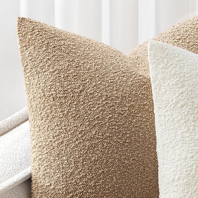 Woaboy Pack of 2 22x22 Inch Decorative Boucle Throw Pillow Covers Textured Square Pillowcaes Accent Euro Solid Cozy Soft Cushion Covers Home Decor for Sofa Couch Living Room Home Decor,Khaki