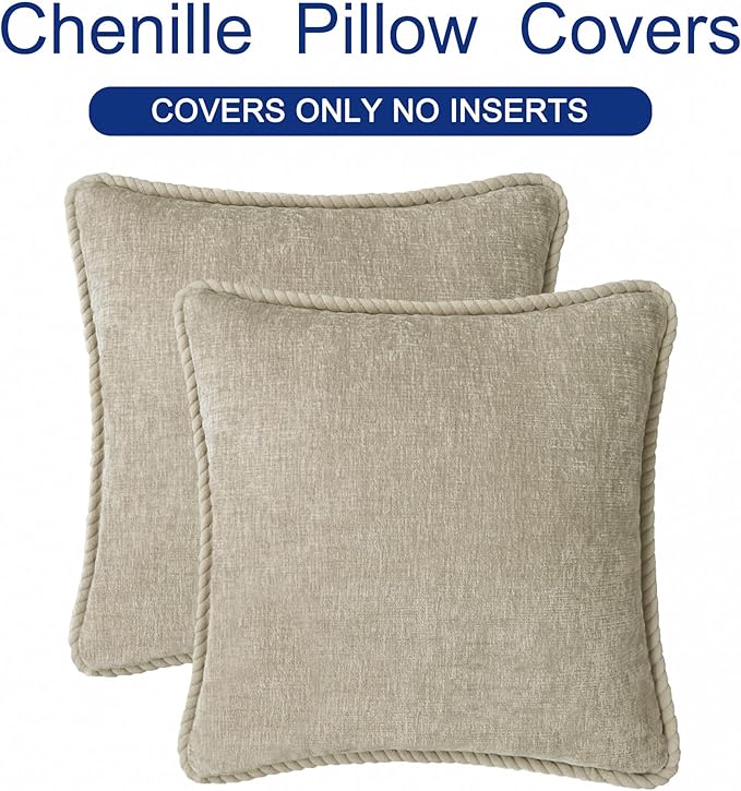 CaliTime Decorative Couch Throw Pillow Covers 20 X 20 Inches Pack of 2 Cozy Chenille Piping Edge Cushion Cases for Sofa Bed Living Room Home Light Taupe