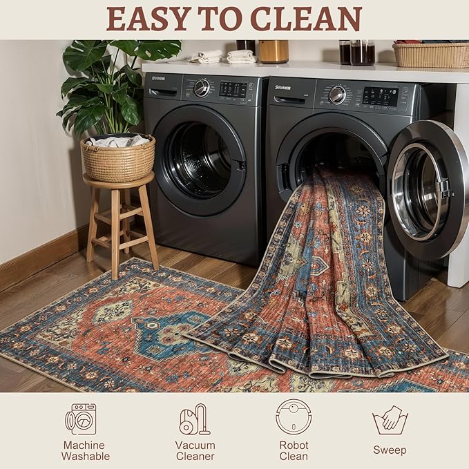 Tangsoo 2x5 Washable Runner Rug for Hallways, Non Slip Vintage Runner Rug, Soft Low Pile Long Rug Runner, Print Distressed Carpet Runners for Kitchen Bedroom Entryway Bathroom Living Room Terracotta