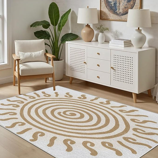 Boho Washable Rugs for Bedroom 4x6, Modern Sun Print Soft Minimalism Area Rug, Non Slip Low Pile Abstract Carpet for Classroom Living Room Decor Dining Room, Beige Yellow