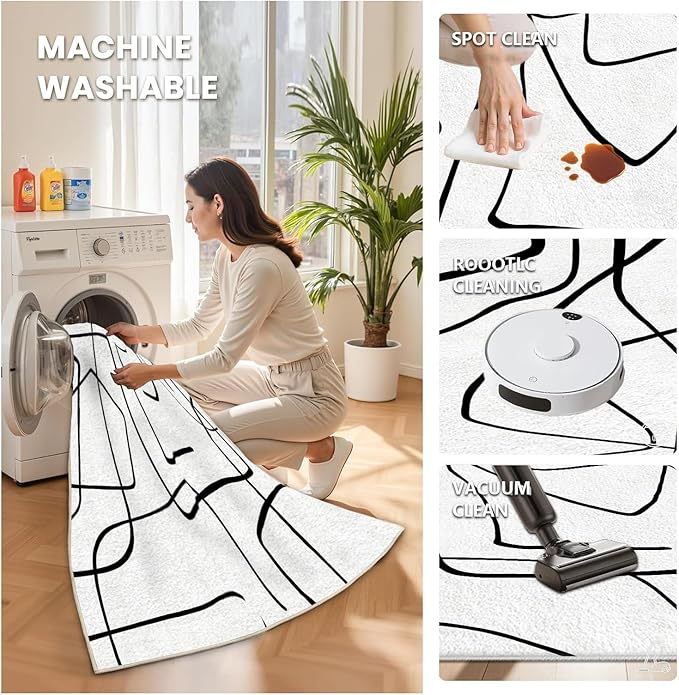Black and White Rug - Abstract Area Rug, Black and White Rugs for Living Room, Modern Minimalist Washable Rugs, Contemporary Carpet Non Slip Home Decor, Curve 4x5