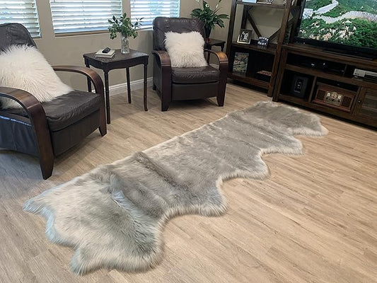 LAMBZY Faux Sheepskin Super Soft Hypoallergenic Silky Shag Rug for Living Room, Kids Room, Sofa (5 Pelts Side by Side 3'x10', Grey)