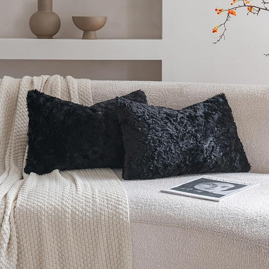 Neelvin Set of 2 Faux Fur Throw Pillow Covers 12x20 Inch Black Cozy Soft Solid Decorative Pillowcases Thick Plush Sheepskin Cushion Case for Chair and Couch Sofa Bedroom