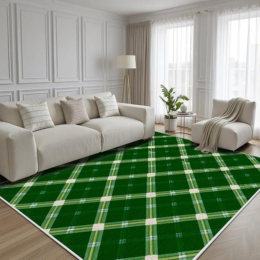 Plaid Rug - 6x9 Rug for Living Room, Geometric Stripes Soft Neutral Indoor Floor Carpet, Non-Slip Stain Resistant Modern Washable Rugs for Bedroom, Green Area Rugs