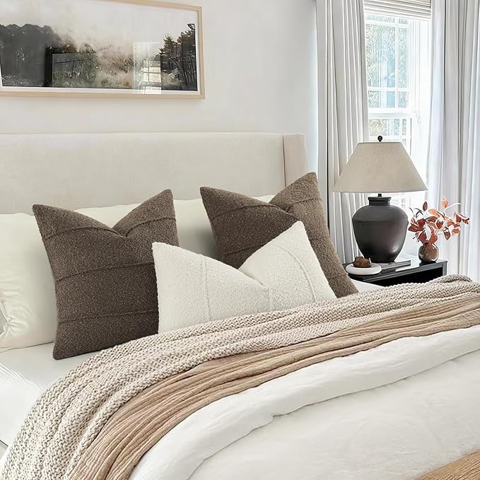 YCOLL Textured Boucle Throw Pillow Covers 20x20 Pack of 2 - Soft Neutral Striped Cushion Covers, Cozy Accent Decorative Pillow Covers for Couch, Sofa, Bed, Living Room (Brown)