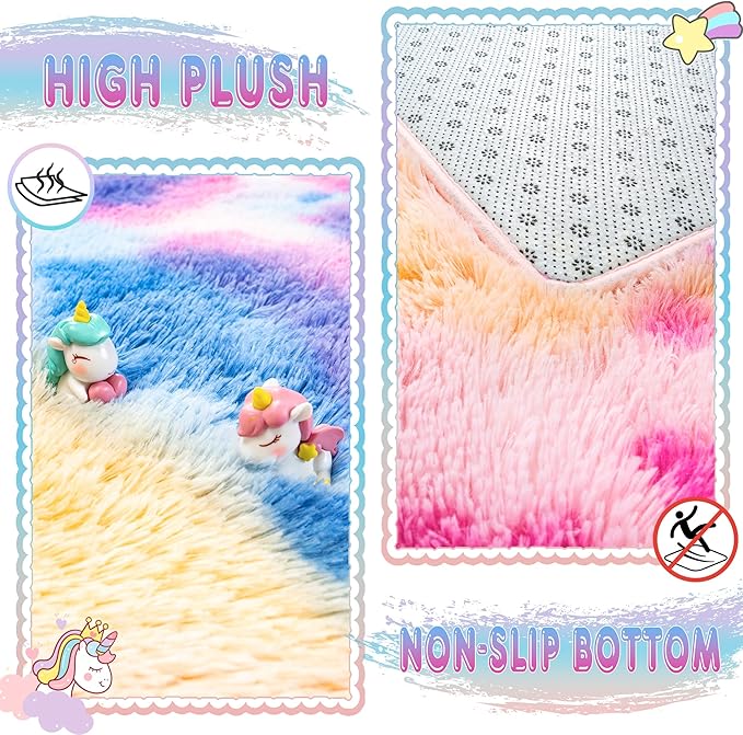 Large 9x12 Area Rugs for Living Room, Ultra Soft Shag Living Room Rug Thick Fluffy Rug for Bedroom, Plush Fuzzy Carpet for Girls Boys Kids Room Non Slip Dorm Rugs for Home Decor Aesthetic Dark Rainbow