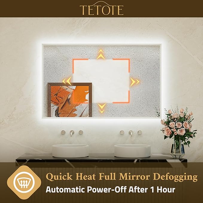 TETOTE 55 x 30 Backlit Mirror Brushed Nickel Metal Frame LED Light Vanity 3-Color White/Warm/Natural Stepless Dimmable Anti-Fog Backlight Mirror Wall-Mounted