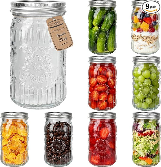 CycleMore 9 Pack 32oz Large Mason Jars with Metal Lids & Bands, Wide Mouth Canning Jars, 1 Quart Jars for Crafts & Homemade Gifts