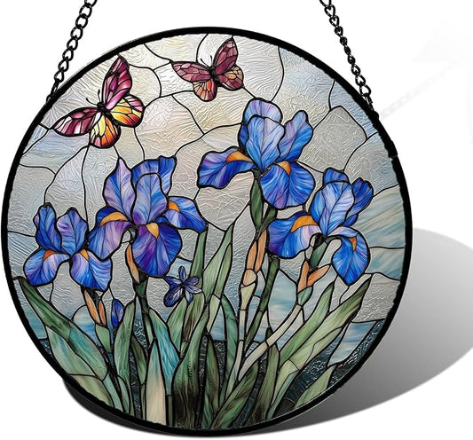 DASTOLL Stained Glass Window Hanging, Blue Iris Flowers Butterfly Suncatcher Diamond Colorful Glass Panel Sun Catchers Decor for Birthday for Women, Men, Wife, Aunt, and Mom 15x15 in