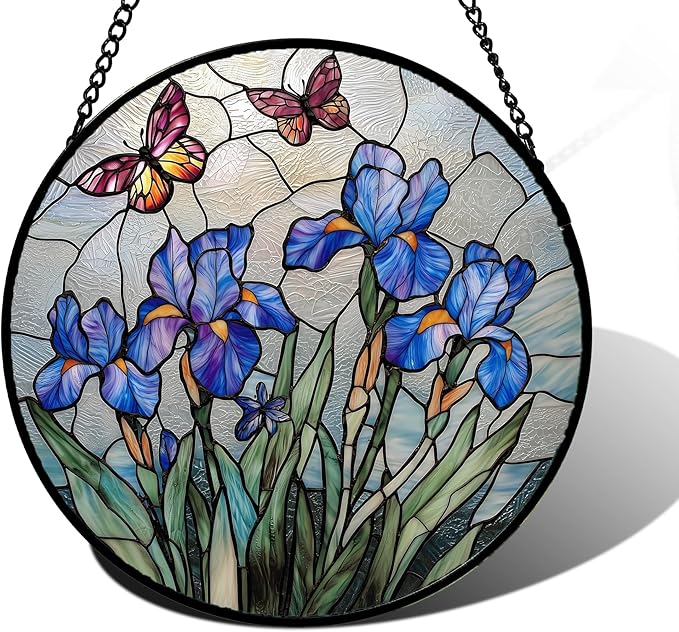 DASTOLL Stained Glass Window Hanging, Blue Iris Flowers Butterfly Suncatcher Diamond Colorful Glass Panel Sun Catchers Decor for Birthday for Women, Men, Wife, Aunt, and Mom 7.8 in