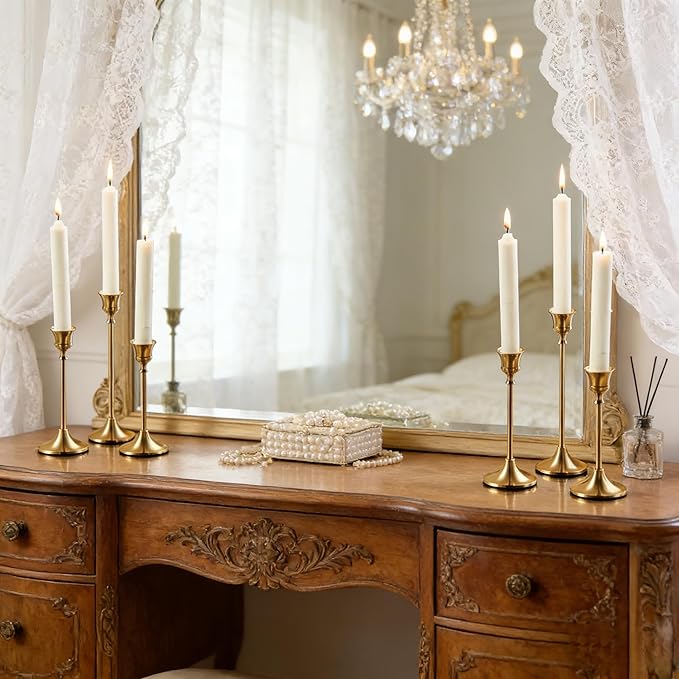 2 Sets(6 Pcs) Candle Stick Holders，Brass Gold Metal Taper Candle Holders, Vintage Modern Decorative Centerpiece Candlestick Holders for Table Mantel Wedding Housewarming Gift