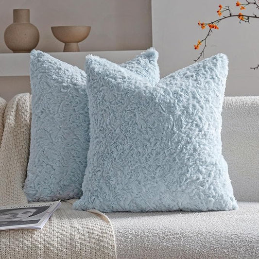 Neelvin Set of 2 Faux Fur Throw Pillow Covers 22x22 Inch Blue Cozy Soft Solid Decorative Pillowcases Thick Plush Sheepskin Cushion Case for Chair and Couch Sofa Bedroom