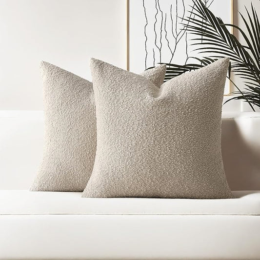 HAUSSY Set of 2 16x16 Decorative Throw Pillow Covers, Soft Cozy Textured Boucle Couch Cases, Home Decor for Couch Bed Living Room, Oatmeal