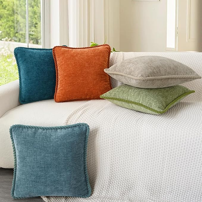 CaliTime Decorative Couch Throw Pillow Covers 16 X 16 Inches Pack of 2 Cozy Chenille Piping Edge Cushion Cases for Sofa Bed Living Room Home Smoke Blue