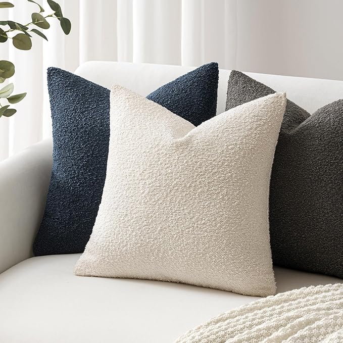 Woaboy Pack of 2 24x24 Inch Decorative Boucle Throw Pillow Covers Textured Square Pillowcaes Accent Euro Solid Cozy Soft Cushion Covers Home Decor for Sofa Couch Living Room Home Decor,Natural Beige