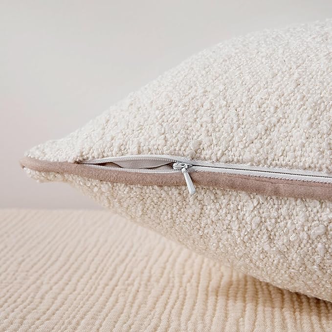 Amazon Basics Boucle Throw Pillow Covers for Couch, Living Room, Home Decor with Hidden Zipper, White, 18×18in, Pack of 2