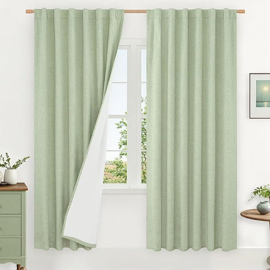 LAMIT 100% Blackout Linen Curtains, 80 Inches Linen Textured Thermal Bedroom Drapes Back Tab and Rod Pocket Neutral Panels with White Liner for Farmhouse, 2 Panels, 52 x 80 Inch, Light Green