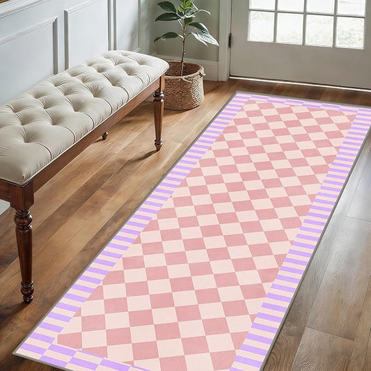 Pink Checkered Long Hallway Rug Runners, 2.6x10ft, Cute Girly Purple Geometric Design Bedroom Carpets for Girls, Fade Resistant Durable Pet Friendly Easy Clean Carpet for Indoor Porch