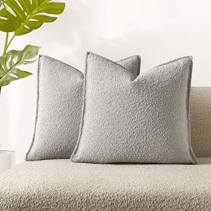 JUSPURBET Throw Pillow Covers Set of 2 Decorative Pillow Covers for Couch Sofa Bed Cozy Boucle Textured Cushion Covers Cases with Invisible Zipper for Living Room Home Decor 16x16,Silver Grey