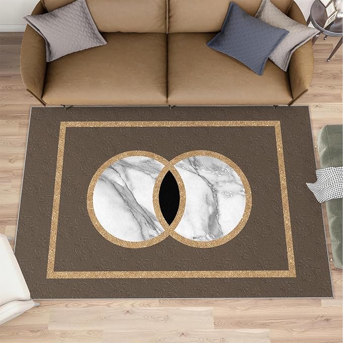Brown Marble Bedroom Rug Vintage Mid-Century Geometric Rug Marble Pattern Decor Rugs Circle Rectangle Gilded Geometry Floor Mat Elegant Decor for Living Room 6x9ft