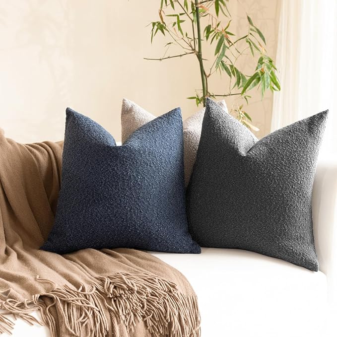 Boucle Decorative Throw Pillow Covers for Couch Set of 2, 24x24 inches, Charcoal