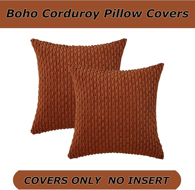 Kevin Textile Fall Throw Pillow Covers Soft Corduroy Decorative Set of 2 Boho Striped Pillow Covers Pillowcases Farmhouse Home Decor for Couch Bed Sofa Living Room 16x16 Inch Rust Brown