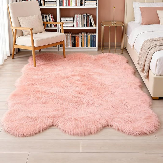 Pink Faux Fur Sheepskin Area Rug for Living Room Bedroom, 6 x 6 Feet Ultra Soft Shaggy Fuzzy Furry Carpet Chair Throw Large Rugs for Kids, Girls, Nursery Room Decor Dorms