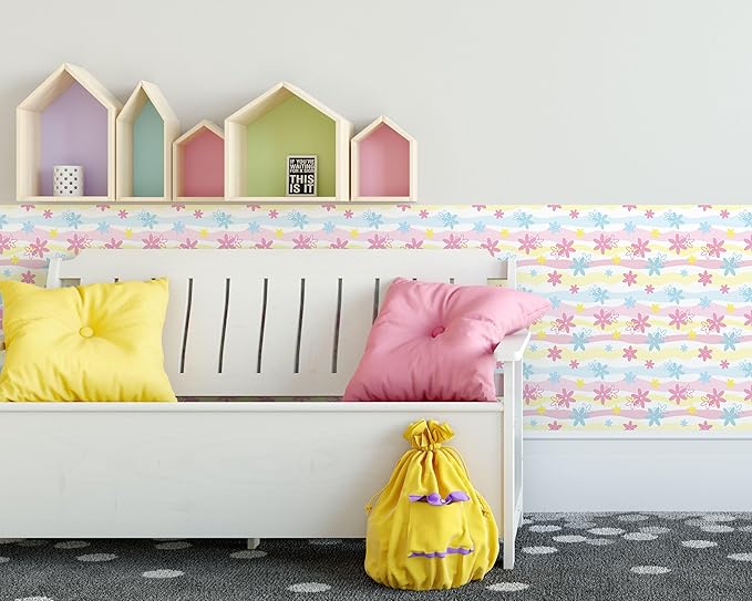 FLFK Wallpaper Border, Rainbow Flowers Peel and Stick Wall Border Self Adhesive Wall Paper Borders for Bedroom Living Room Girl's Room Kitchen Bathroom 8"x240"
