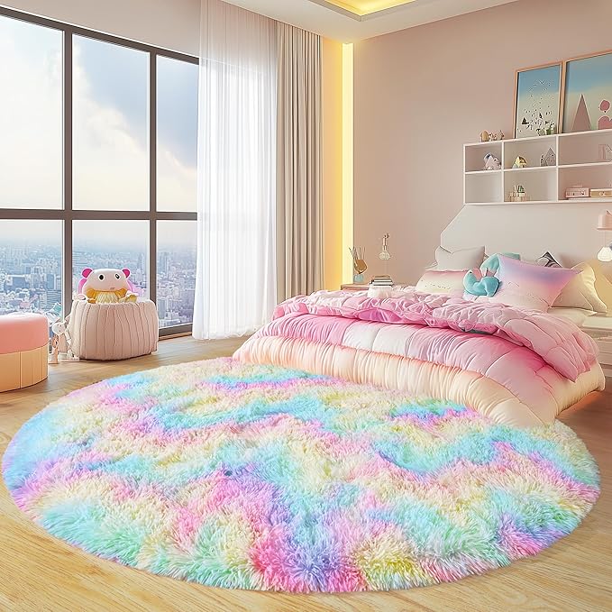 Round Fluffy Rugs 7Ft for Girls Bedroom, Rainbow Shag Circle Kids Rug Non-Slip for Bedside Dorm Nursery Playroom, Soft Cute Area Rugs for Living Room Decor