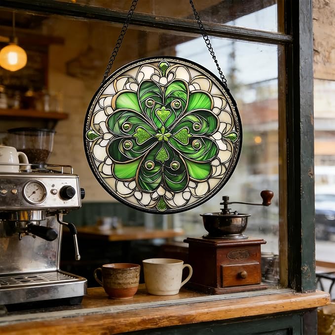 DASTOLL Stained Glass Window Hanging St. Ripak Festival Green Lucky Clover Large 11.8" - Suncatcher Door Garden Sun Catcher Ireland Decor Mother's Day for Mom Woman Her Men Sisters