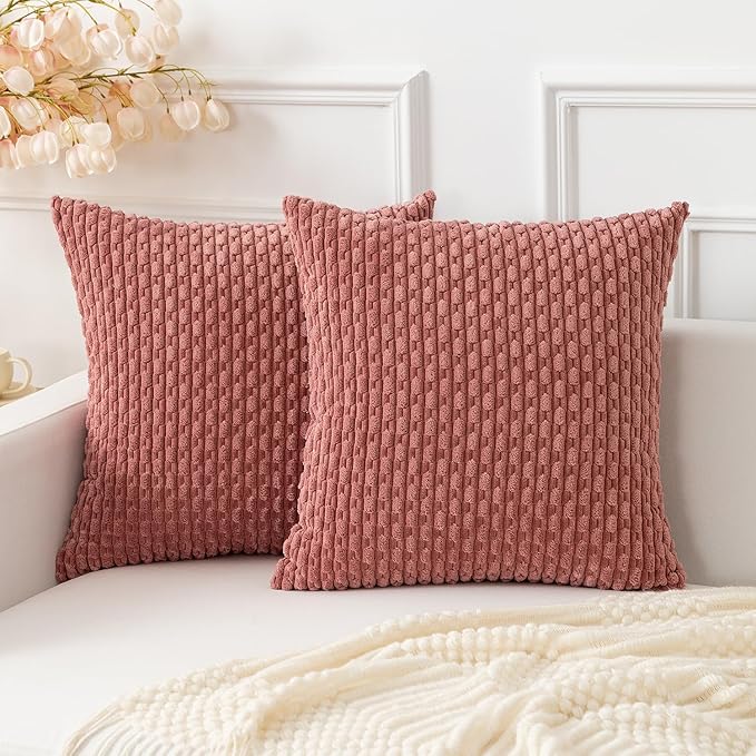 Kevin Textile Valentines Day Throw Pillow Covers Soft Corduroy Decorative Set of 2 Boho Striped Pillow Covers Pillowcases Farmhouse Home Decor for Couch Bed Sofa Living Room 22x22 Inch Blush Pink