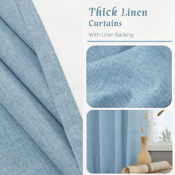 LAMIT Full Blackout Window Curtains for Boy Bedroom, 54 Inches Thermal Farmhouse Curtains Back Tab and Rod Pocket Privacy Protected Panels with White Liner, 2 Panels, 52 x 54 Inch, Stone Blue
