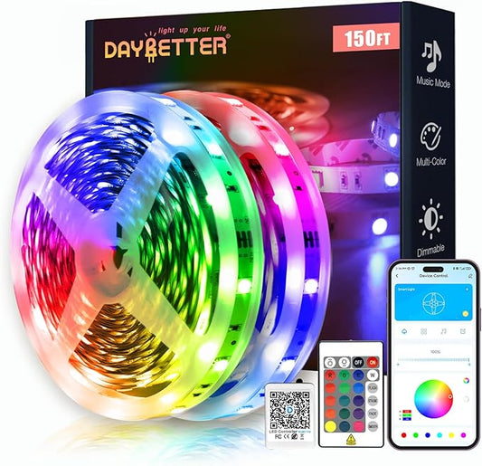 DAYBETTER Smart RGB Led Strip Lights, 150ft Led Lights for Bedroom with App Control, Multicolor Changing Led Light Strips Apply for Home Decor, Living Room, Kitchen, Home Party Decoration