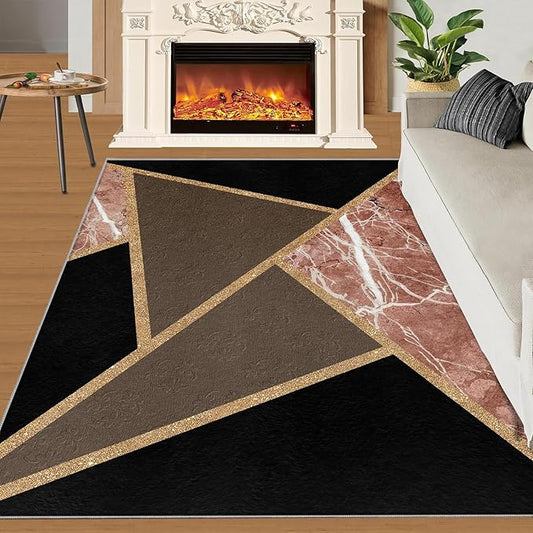 Black Gold Marble Rug Modern Geometric Marble Area Rug Mid-Century Minimalist Geometric Rugs Vintage Crackle Carpet Washable Non-Slip Carpet for Bedroom 7x8ft