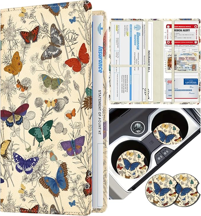 Slohif Car Registration and Insurance Card Holder - Butterflies Vehicle Glove Box Organizer Women with Magnetic Shut Leather Automobile License Holders Coasters Auto Accessories Case for Document