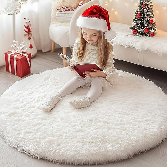 Round Fluffy Rugs 3Ft for Girls Bedroom, Cream White Shag Circle Kids Rug Non-Slip for Bedside Dorm Nursery Playroom, Soft Cute Area Rugs for Living Room Decor