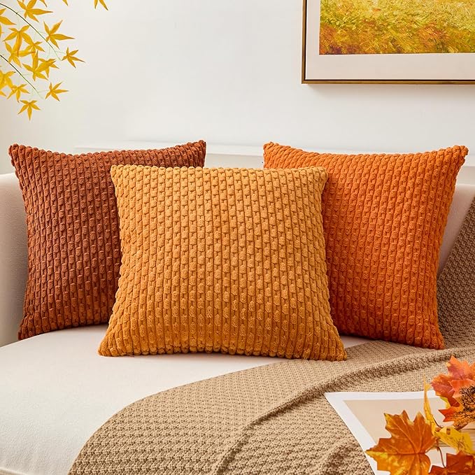 Kevin Textile Fall 2 Packs Decorative Throw Pillow Covers 20x20 Inch for Couch Bed Sofa Modern Farmhouse Boho Home Decor Soft Cute Plush Corduroy Cushion Case Orange 50x50 CM