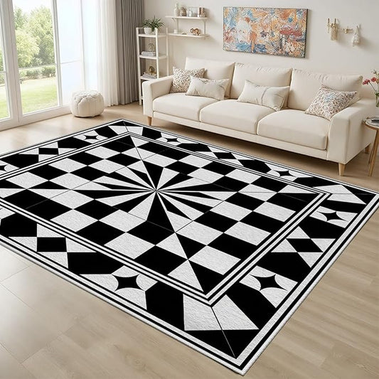 Black and White Checkered Rug, Checkered Rug 8x10, Modern Geometric Pattern Carpet, Retro Machine Washable Non Slip Area Rugs, Contemporary Rugs for Living Room/Bedroom 8x10