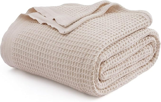 Bedsure Gentlesoft 100% Cotton Blanket King Size for Bed - Breathable and Soft, Thick Cozy Waffle Weave Christmas Blanket Gift for Women, Begie, 104x90 inches