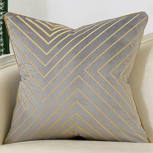 Avigers 20 x 20 Inch Grey Gold Striped Geometric Lines Embroidery Velvet Cushion Case Luxury Modern Throw Pillow Cover Decorative Pillow for Couch Living Room Bedroom Car 50 x 50cm