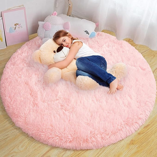 Round Fluffy Rugs 5Ft for Girls Bedroom, Pink Shag Circle Kids Rug Non-Slip for Bedside Dorm Nursery Playroom, Soft Cute Area Rugs for Living Room Decor