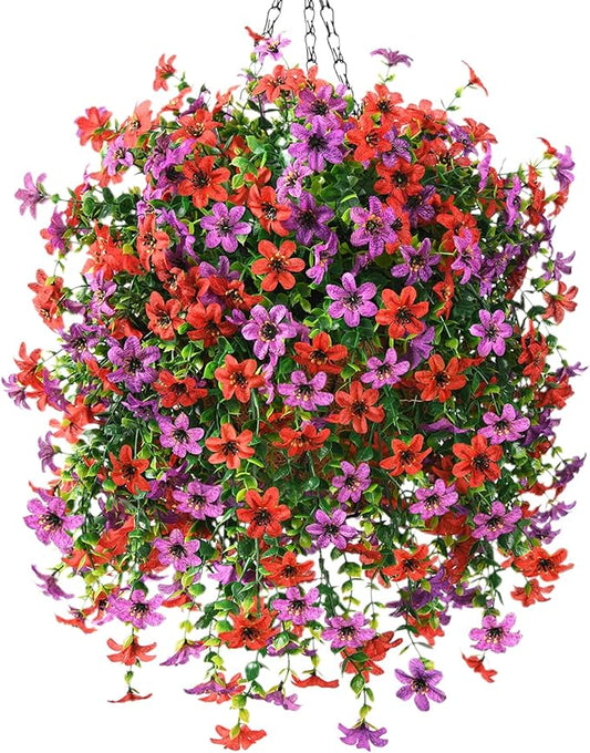 INQCMY Artificial Faux Hanging Flowers Plants Basket for Outdoor Outside Spring Decoration,UV Resistant Fake Silk Daisy in Planter Resistant Look Real for Home Porch Balcony Patio Yard Decor